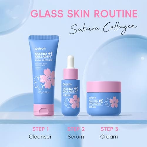 QUIYUM Sakura Collagen Skin Care Set - 5pcs Skincare with Facial Cleanser, Serum, Cream, Pink Facial Brush, Bunny Hair Band & Makeup Bag, Deep Cleansing, Hydrating, Firming, Even Tone, Radiance - Thumbnail 6