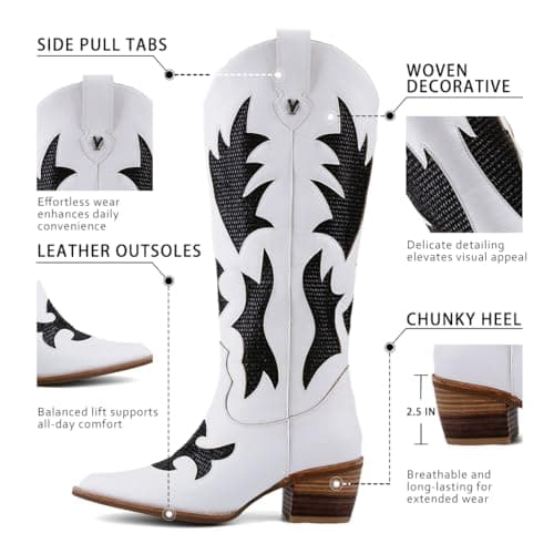 QIV White Cowboy Boots for Women Western Mid Calf Pointed Toe Chunky Heel Cowgirl Boots with Embroidered Size 9.5 - Thumbnail 4