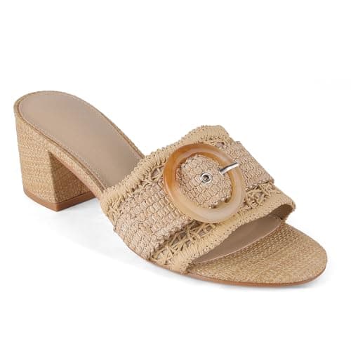 Grakihily Womens Raffia Mule Slides Sandals Open Toe Backless Buckle Heeled Sandals Chunky Block Heel Bohemia Beach Dressy Slip on Summer Shoes,Apricot Size 10 - Image 1