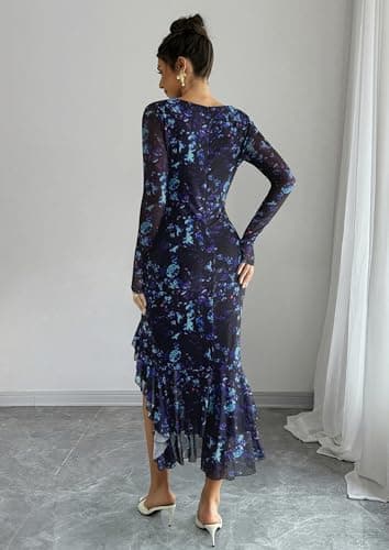 ECOWISH Women's Spring Wedding Guest Dress 2026 Long Sleeve Ruched Bodycon Floral Ruffle Cocktail Party Maxi Dresses Black X-Large - Thumbnail 4