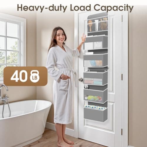SpaceHacks 6-Tier Over The Door Organizer, Hanging Storage Organizer with Clear Window, 40lb Ultra Sturdy Large Capacity Room Organizer for Pantry Bathroom Nursery Closet Baby Essential (Grey) - Thumbnail 5