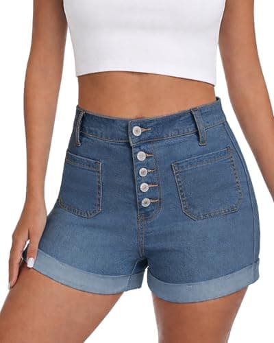 MARIASHA Jean Shorts Womens High Waisted Stretchy Jean Shorts for Women Trendy Button Fly Rolled Hem Denim Shorts Blue XL - Image 1