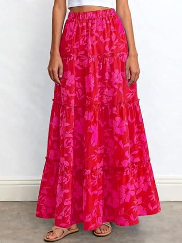 BTFBM Floral Maxi Skirts for Women Summer Spring 2026 Elastic Waist Tiered Flowy Beach Vacation Outfits Boho Long Skirt(Floral Red Pink, Large) - Thumbnail 5