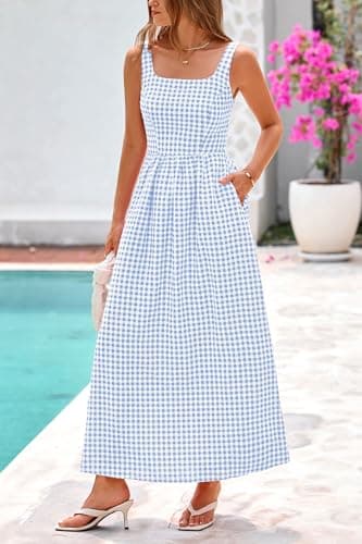 PRETTYGARDEN Women's 2026 Summer Spaghetti Strap Maxi Dresses Plaid Square Neck A Line Casual Beach Vacation Long Sundress (Light Blue,X-Large) - Thumbnail 4