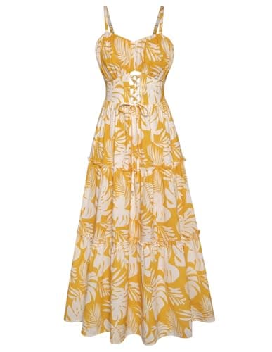 GRACE KARIN 2026 Women's 2026 Floral Corset Sundress Summer Milkmaid Spaghetti Vacation Dress Flowy Boho Floral Maxi Dresses with Pockets Yellow Floral S - Image 1