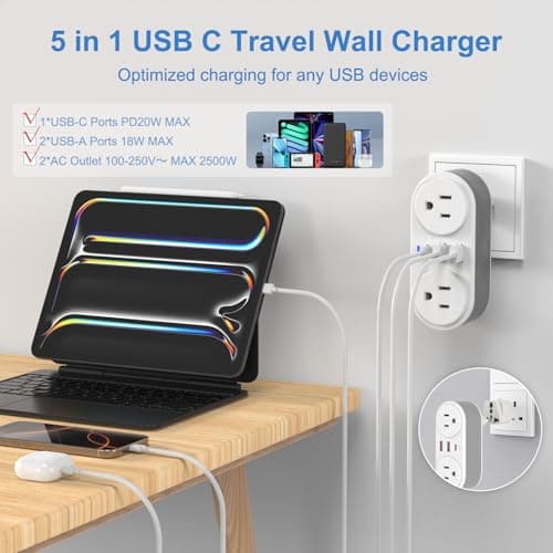 European Travel Plug Adapter for Europe & UK, PD 20W Fast Charger with 2 Outlets 3 USB Charging Ports, CHUAFIUR US to Europe Plug Adapter to UK EU Ireland Italy Israel Spain France Travel Essentials - Thumbnail 3