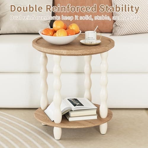 Round End Table, 2-Tier Farmhouse End Table, 18.5'' Handcrafted Weathered Look Wooden Nightstand, Pine Leg, Small Side Tables for Living Room, Small Space, Bedroom, Boho, Easy Assembly, Cream Beige - Thumbnail 4