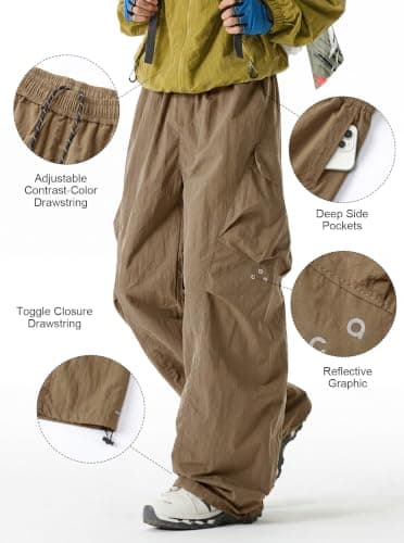 Areant Mens Baggy Hiking Cargo Pants Parachute Water Resistant Lightweight Wide Leg Pants Outdoor Climbing Trousers Dark Khaki X-Large - Thumbnail 4