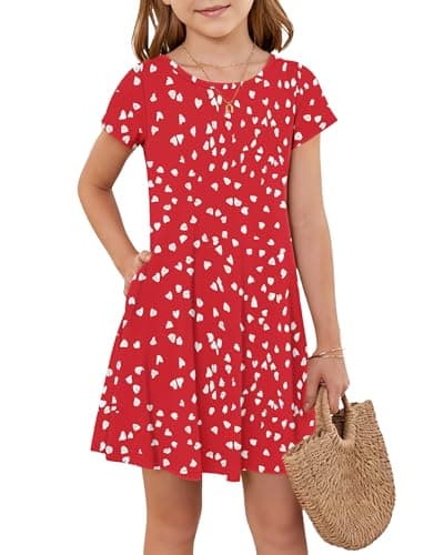 Tween Girls Short Sleeve Summer Boho Dress Kids Casual Crewneck Spring Twirl Party Dress with Pockets 2026 Red White Dots 7-8 Years - Image 1