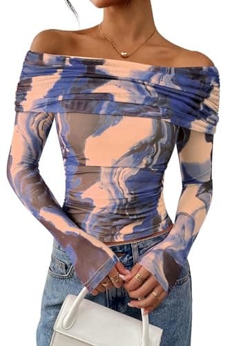 PRETTYGARDEN Womens Tops 2026 Spring Off The Shoulder Long Sleeve Fitted Y2k Shirts Floral Ruched Mesh Going Out Outfits(Blue Watercolour,X-Large) - Image 1