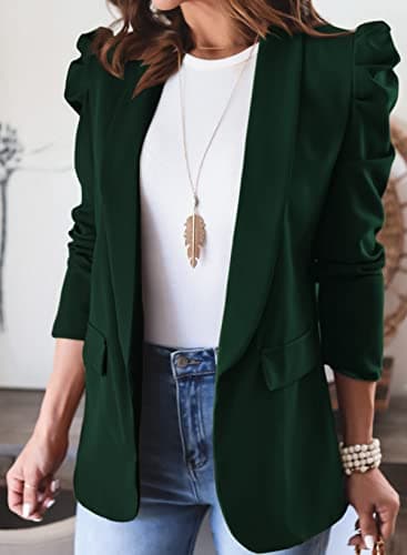 KIRUNDO Women's 2026 Spring Fall Casual Blazers Puff Sleeve Lapel Open Front Work Suit Office Blazer Jackets with Pockets(Dark Green, Large) - Thumbnail 3