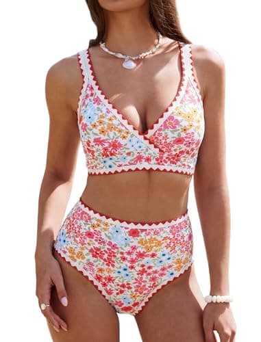 ZAFUL Women's Floral Print Whip Stitch Bikini Sets Two Piece Swimsuits Wide Strap High Waisted Bathing Suits Beach Swimwear Red X-Large - Image 1