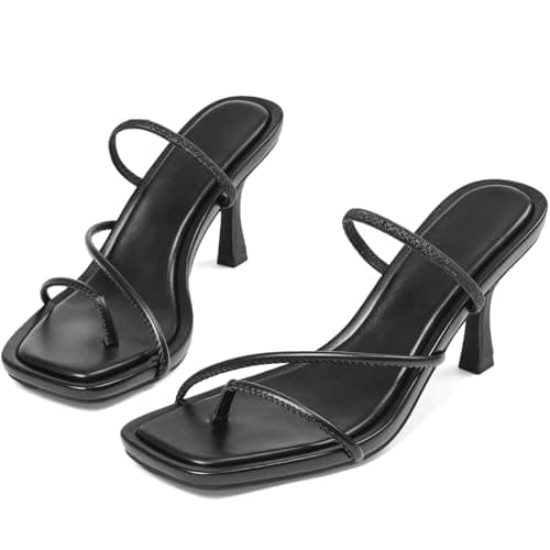 COMFITORIA Kitten Heel Sandals for Women Square Open Toe Flip Flop Heels Sandals Strappy 3 Inch Thong Low Heels Summer Fashion Beach Vacation Dress Shoes,Black,Size 9 - Thumbnail 5