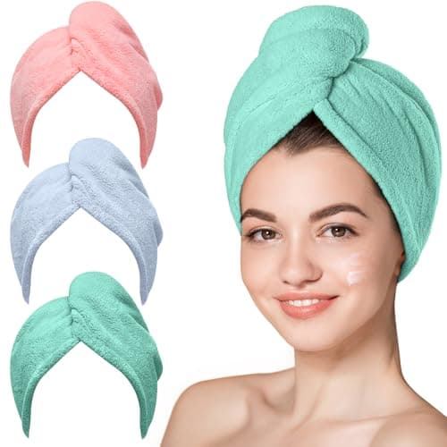 Hicober Microfiber Hair Towel, 3 Packs Hair Turbans for Wet Hair, Drying Hair Wrap Towels for Curly Hair Women Anti Frizz (Pink,Blue,Green) - Image 1