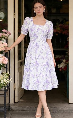 Belle Poque Purple Floral Vintage 1950s Cocktail Party Dress 2026 Summer Square Neck Flowy Baby Bridal Shower Dress S - Thumbnail 2