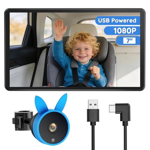 Babyvue BV4 7in Baby Car Monitor, IPS 1080P Large Screen Display with USB Plug & Play Power, AUTO IR Night Vision Car Seat Monitor, Baby Registry for Boys & Pets, Travel Essential