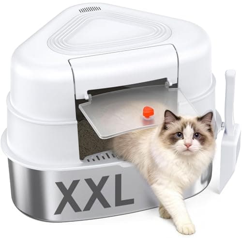 Chumajor XXL Stainless Steel Corner Cat Litter Box with Lid - Sturdy, No Odor & Space-Saving Hidden Design for Large Cats, White - Image 1