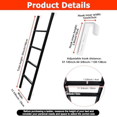 RV Bunk Bed Ladder, 55" Interior Adjustable Travel Trailer Twin Bed Step Ladders with 4 Hooks and Foot Caps, Heavy Duty Metal Dorm loft Camper Ladders, Portable Stairs Steps, Load 330 LBS - Thumbnail 4