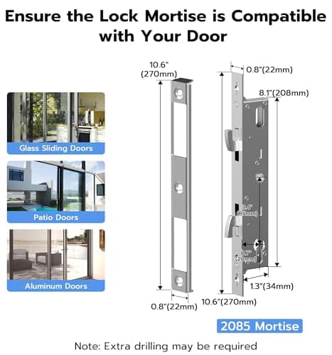 Anweller 2085 Mortise Sliding Glass Door Lock, Smart Fingerprint Code Keypad RFID Remote App Electronic Digital Biometric Safety Patio Door Double Hook Mortise Lock Set with Handle - Thumbnail 2