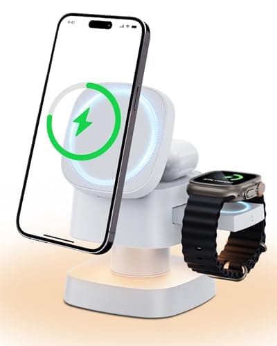 Screenovate 4-in-1 Wireless Charging Station, 15W Fast Charging with Adjustable Night Light, Compatible with iPhone 15/14/13/12 Series, Apple Watch, AirPods – White (White) - Image 1