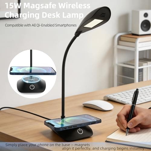 Zensun Desk Lamp for Home Office Compatible with MagSafe Wireless Fast Charging, Dimmable 3 Color Modes, 600LM, CRI 85, Adjustable Neck Study Lamps for College Dorm Room, Adapter Not Included, Black - Thumbnail 2