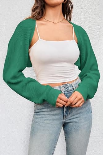 Arach&Cloz 2026 Spring Women's Bolero Shrug Fashion Ribbed Knit Cropped Cardigans Long Sleeves Drop Shoulder Open Front Wool Trendy Sweaters Summer Lightweight Casual Outfits Y2K Clothes Green XL - Thumbnail 6