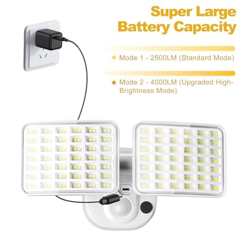 Rechargeable Battery Operated Motion Lights 2500LM & 4000LM Motion Sensor Security Lights(1-3 Months Endurance) USB Charging LED Flood Lights Outdoor for Garage Yard Entryways Patio Garden (White) - Thumbnail 2