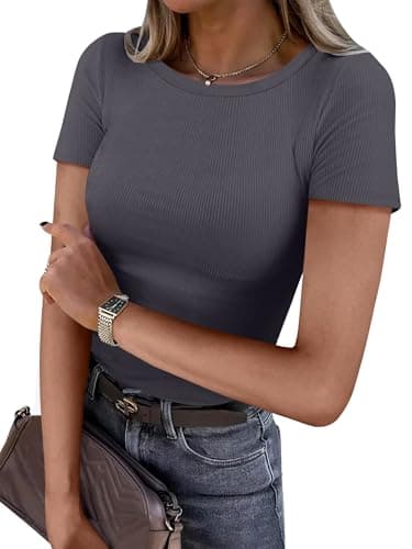 ANRABESS Women Short Sleeve Crewneck Ribbed Knit Slim Fitted Shirts Summer Tops Basic Tee Casual 2026 Spring Outfits Clothes Charcoal X-Small - Image 1
