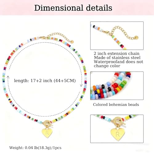 ARZASGO Initial Necklace for Women - Colorful Beaded Necklace Love Initial Letter Pendant Choker, Personalized A-Z Letter Necklaces Jewelry Gift - Thumbnail 3