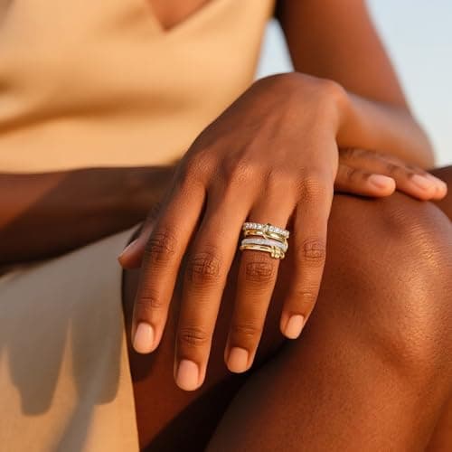 Stackable Rings for Women Statement Rings 18K Gold Plated Interlocking Ring Stack Set Non Tarnish Gold Silver Mixed Metal Cubic Zirconia CZ Connected Band Thumb Ring Size 5-11 Jewelry Gift for Women 6 - Thumbnail 5