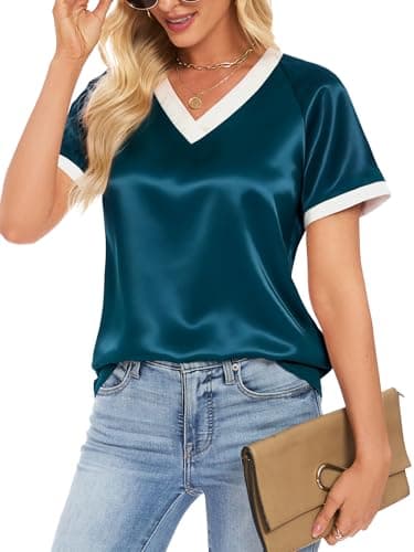 Funlingo Summer Tops for Women Silk Satin Short Sleeve Blouses Blue Green V Neck Color Block T Shirts Business Casual Outfits 2XL - Thumbnail 4