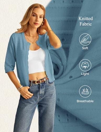 GRACE KARIN Womens Short Sleeve Cardigan Sweater, Lightweight Cropped Cardigan Trendy, Dressy Button Up Bolero Shrugs Light Blue - Thumbnail 6