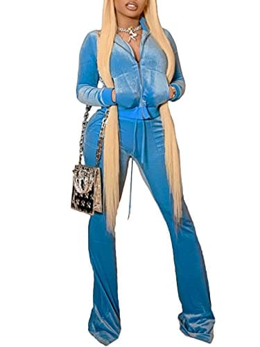 NSHYPOI Ladies Lapel Neck Jogging Suits Sets Plain Running Velour Outfit High Waisted Wide Leg Sweatpant Athletic Clothing Blue S - Image 1
