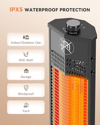 Encyclpo Patio Heater for Outdoor Use,1500W Infrared, 36 in Portable Tower Heater, 3 Levels, IPX5 Waterproof, Tip-Over&Overheat Protection for Garage, Indoor, Large Room, Backyard, Home - Thumbnail 5