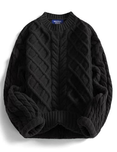 Aelfric Eden Womens Oversized Sweaters 2025 Cable Knit Chunky Sweater Lantern Sleeve Crewneck Pullover Loose Outfits Black Small
