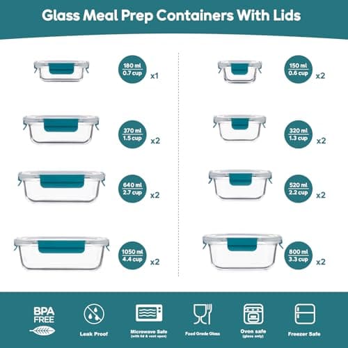 GENICOOK Airtight Glass Meal Prep Containers 15-Pack with Locking Lids – Leak-Proof Food Storage Containers Set, BPA-Free Borosilicate Glass, Microwave, Oven, Freezer & Dishwasher Safe - Thumbnail 2