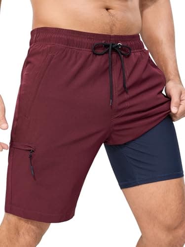 SILKWORLD Swim Trunks for Men 2 in 1 Quick Dry Compression Lined Swimming Trunk 9" Bathing Suits Beach Shorts with Cargo Pockets,Wine Red,Large - Image 1