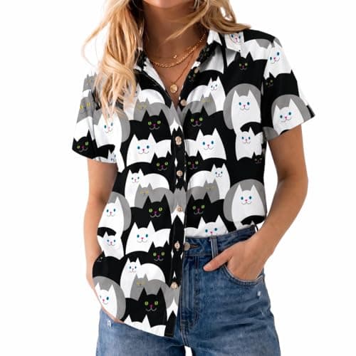 Chicwave Women's Short Sleeve Button Down Shirt, Collared V Neck Cat Print Blouse, Lightweight Casual Novelty Top for Weekend, Vacation, Travel, Summer, White - Thumbnail 2