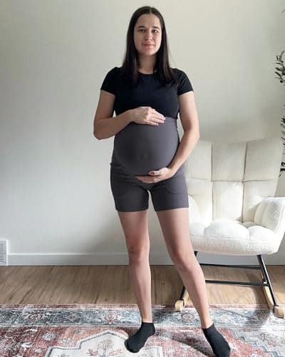 G4Free Maternity Shorts Active Over The Belly Stretchy Pregnancy Yoga Shorts with Pockets Workout Short Lounge Pants(Dark Gray,L) - Thumbnail 2