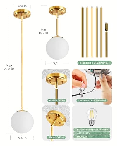 Majade Globe Pendant Lights Kitchen Island Mid Century Modern Pendant Light Fixtures 2 Pack 7.4 Inch Gold Ceiling Lighting with Milk Glass Shade Adjustable Brushed Brass Hanging Light for Dining Room - Thumbnail 3