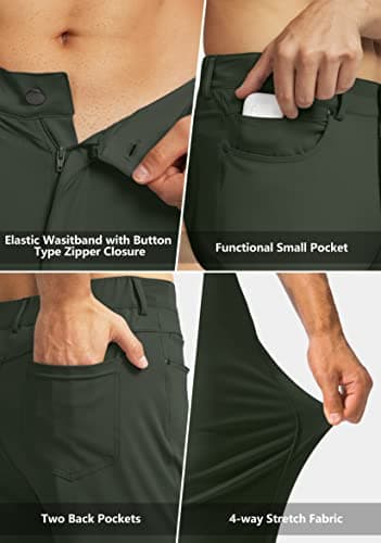 Men's Stretch Golf Pants with 6 Pockets Slim Fit Dress Pants for Men Travel Casual Work (Olive Green, M) - Thumbnail 3