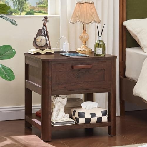 Joaxswe Farmhouse Night Stand with Charging Station, Walnut