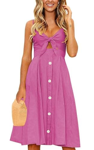 ECOWISH Women 2024 Summer Dresses Tie Front V-Neck Spaghetti Strap Button Down A-Line Backless Swing Midi Dress 809 Rose Red M - Image 1