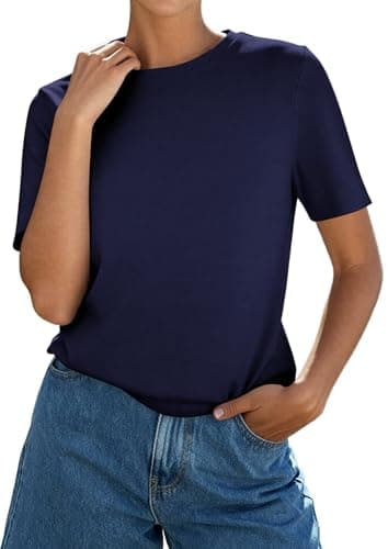 PRETTYGARDEN Womens Short Sleeve Tops Summer 2026 Casual Crewneck Cotton Basic Tee Shirts Fashion Clothing Spring Outfits(Navy,Medium) - Thumbnail 5