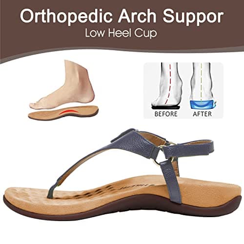 Athlefit Women's Comfortable Orthopedic Sandals Thong Dressy T-Strap Orthotic Casual Summer Arch Support Navy Sandals size 6.5 - Thumbnail 3
