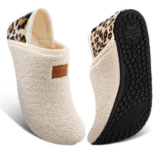 ATHMILE House Slippers for Women Men Indoor Barefoot Slippers Socks Furry Slip on House Shoes Cozy Comfy for Home Bedroom Travel Yoga Women 8-8.5 Beige Leopard - Image 1
