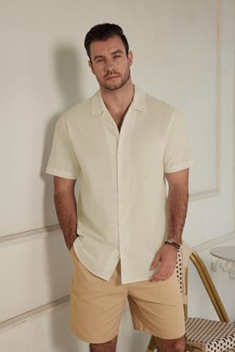 JEKAOYI Mens Casual Cotton Linen Button Down Short Sleeve Shirts Summer Cuban Camp Beach Shirts Vacation Wedding Shirt Beige - Thumbnail 5