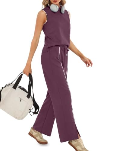 Casly Lamiit 2 Piece Sets for Women Summer Travel Outfits Sleeveless Top Striped Pants Sets Beach Vacation Clothing Grape Purple 2XL - Thumbnail 2