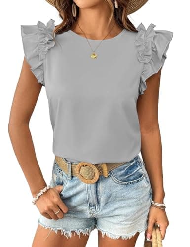 Womens Summer Shirts Trendy Ruffle Short Sleeve Tops Crew Neck Casual T-Shirts Cute Tee Tops Loose Fit Dressy Blouses Beach Vacation Grey XXL - Image 1