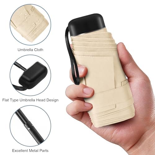 Mini Travel Umbrella with Case Small Compact Lightweight for Purse Beige - Thumbnail 4